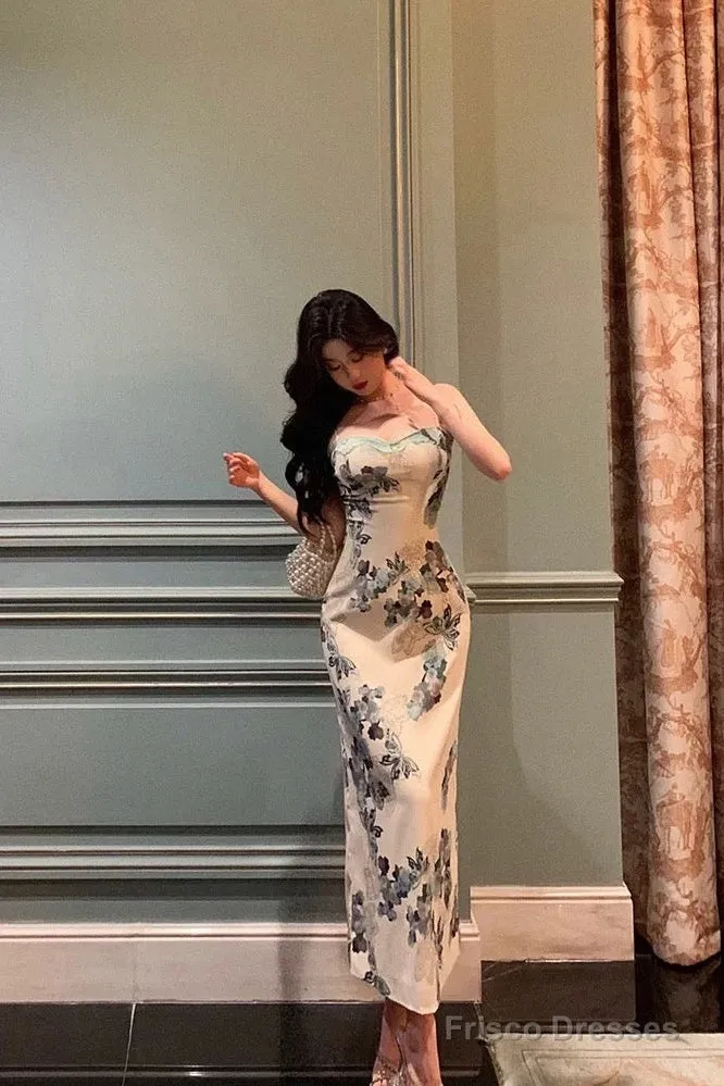 Classy Sheath Spaghetti Straps Floral Prom Dresses Birthday Outfits Evening Gown
