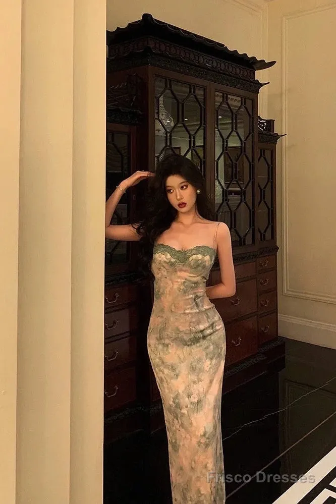 Classy Sheath Spaghetti Straps Green Floral Lace Prom Dresses Birthday Outfits Evening Gown