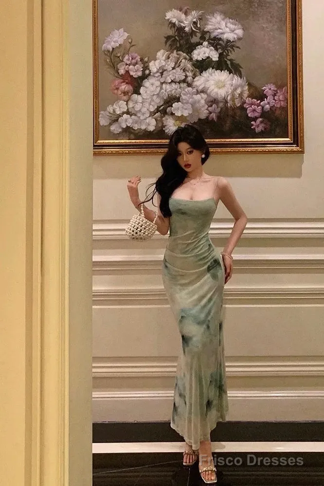 Classy Sheath Spaghetti Straps Mint Green Floral Prom Dresses Birthday Outfits Evening Gown