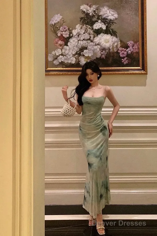 Classy Sheath Spaghetti Straps Mint Green Floral Prom Dresses Birthday Outfits Evening Gown