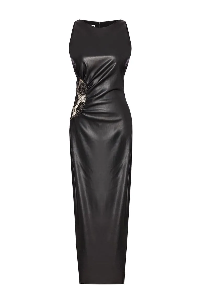 CUT-OUT FAUX LEATHER MIDI DRESS