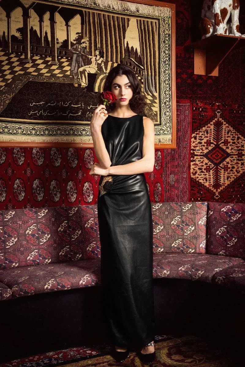 CUT-OUT FAUX LEATHER MIDI DRESS