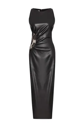 CUT-OUT FAUX LEATHER MIDI DRESS