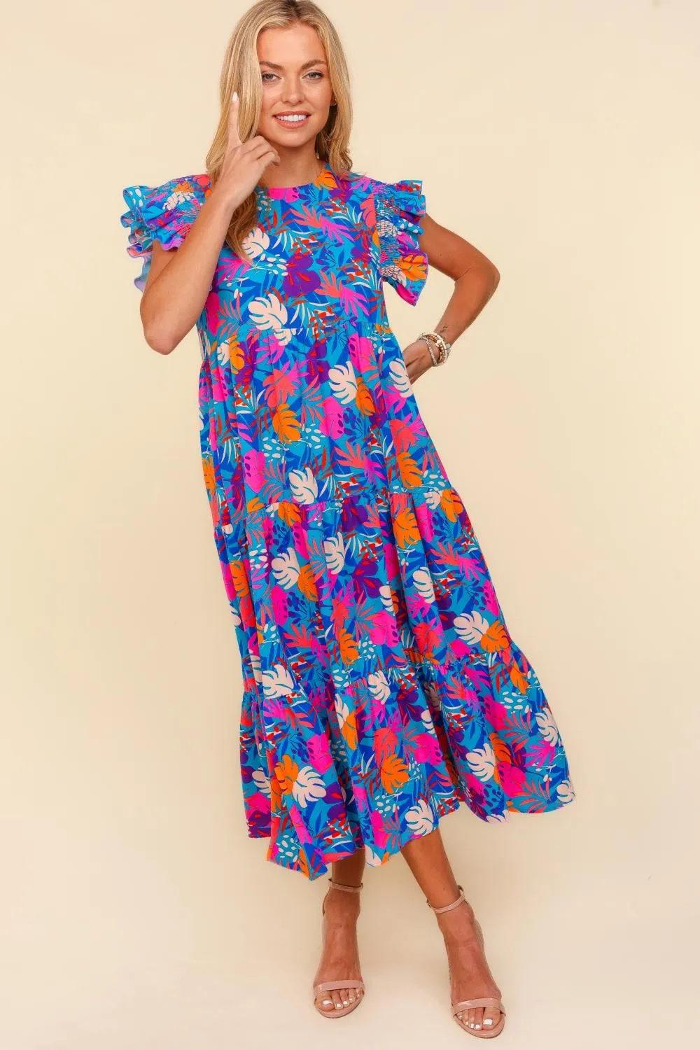 Haptics Tropical Floral Print Tiered Maxi Dress in Blue/Fuchsia/Orange