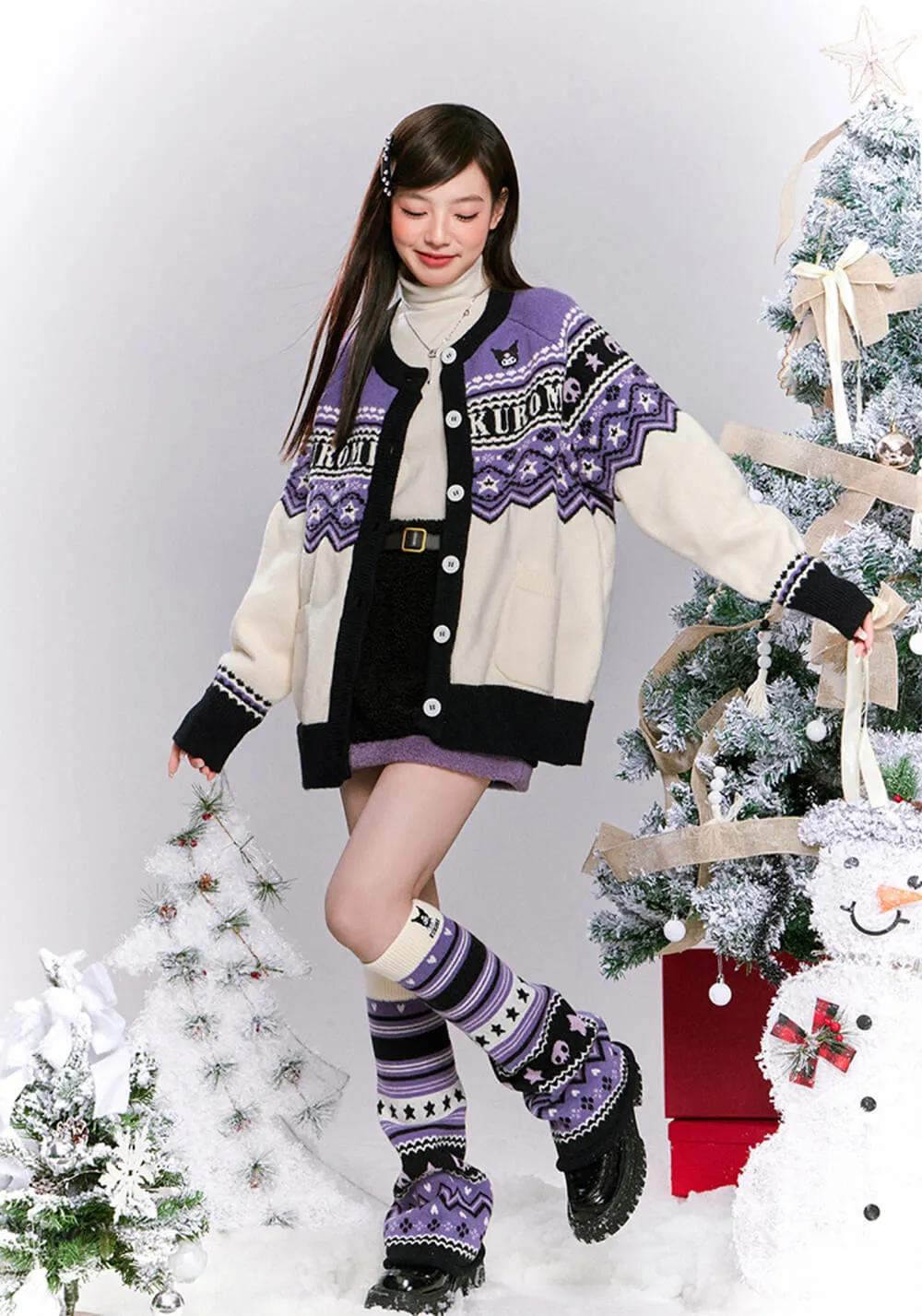 Kuromi Round Neck Loose Knit Cardigan Sweater