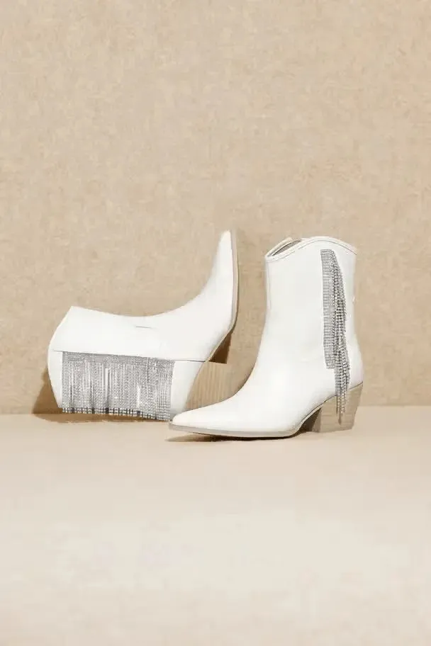 Layla White silver Fringe Booties