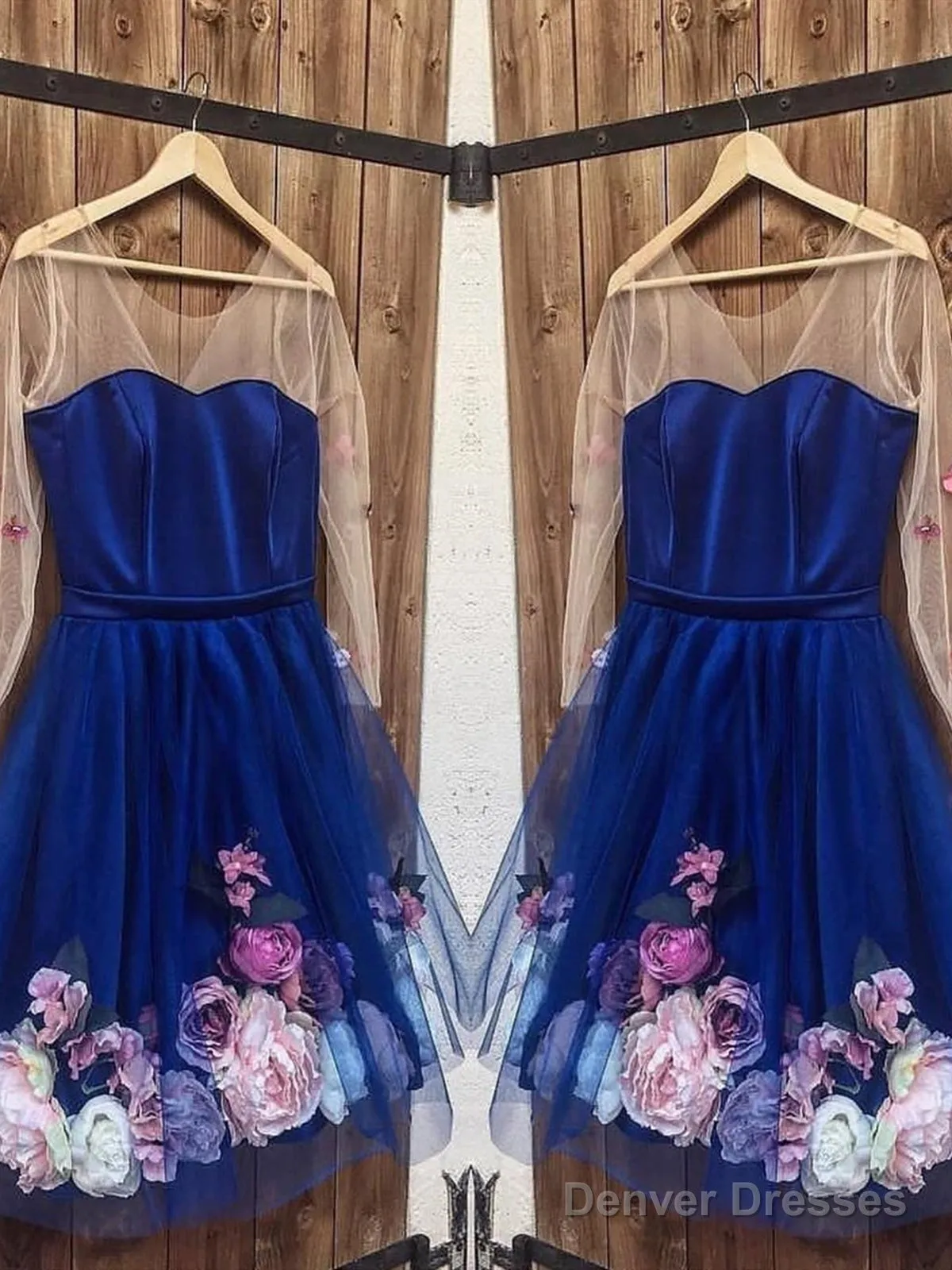 Long Sleeves 3D Floral Short Blue Prom Dresses, Short Blue Formal Graduation Homecoming Dresses