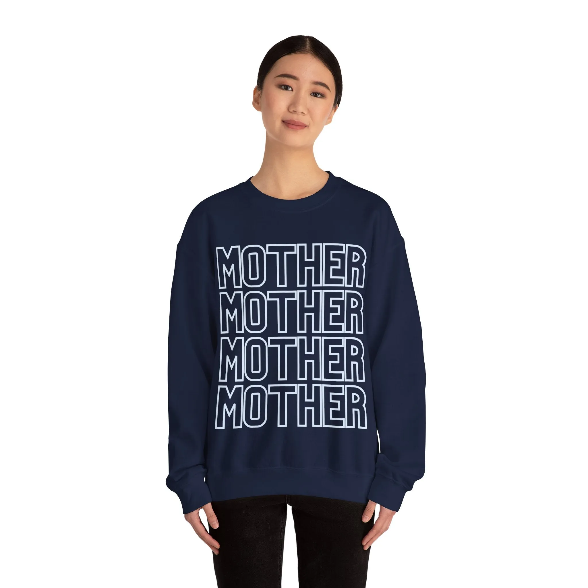MOTHER on Repeat Oversized Pullover Crewneck Sweatshirt, Gifts for Mom, Baby Shower Gifts, Light Blue on Navy, Mother's Day Gift