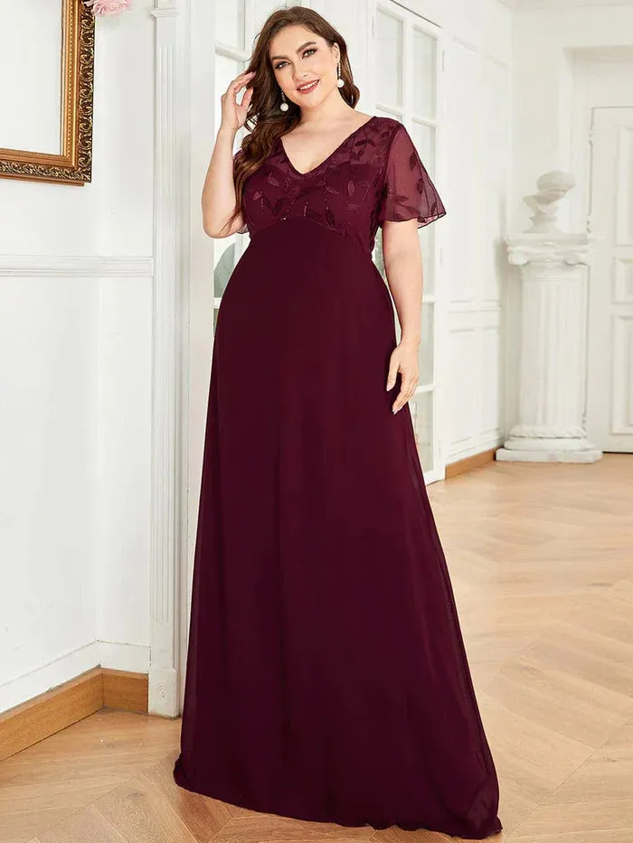 Plus Size Floral Sequin Print Evening Party Dresses with Cap Sleeve