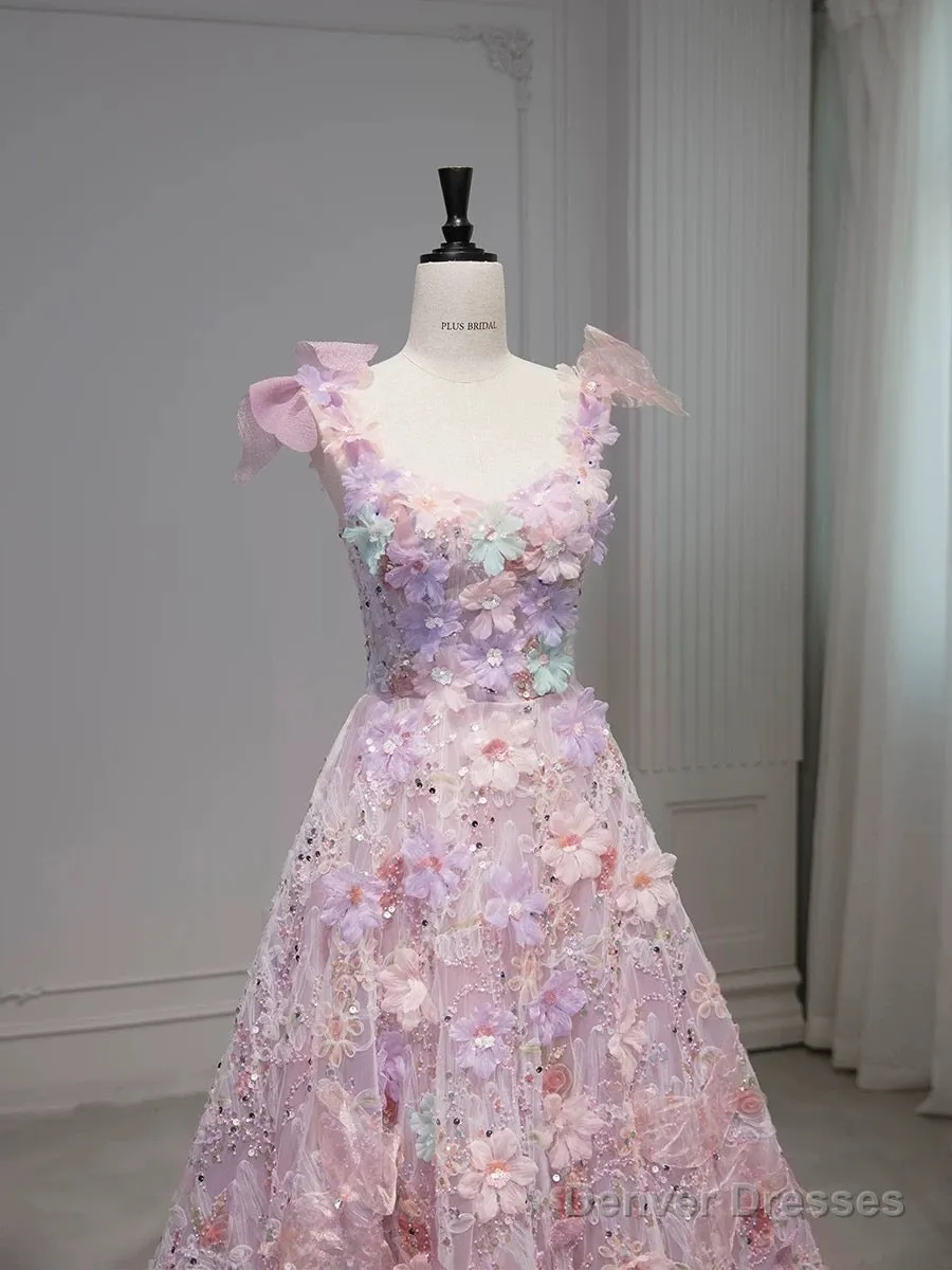 Pretty A Line Spaghetti Straps Pink Floral Long Length Evening Dress Prom Dresses