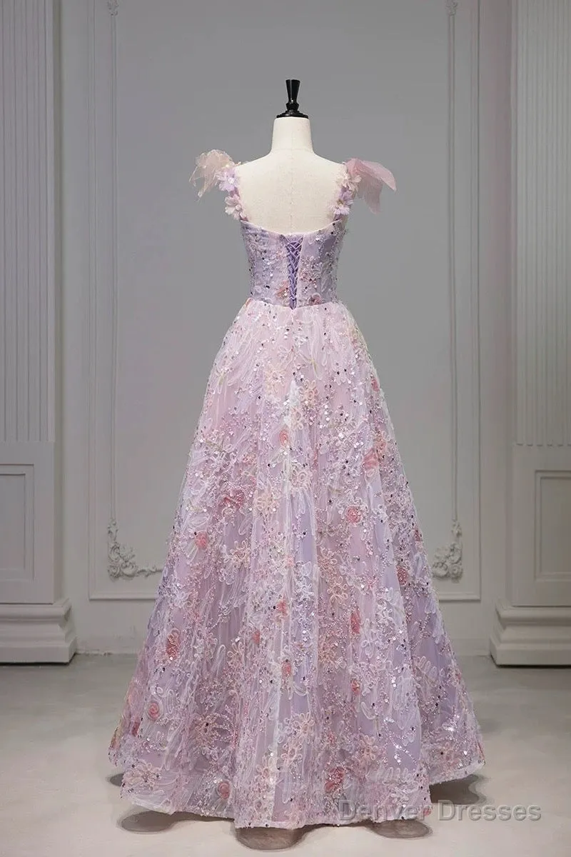 Pretty A Line Spaghetti Straps Pink Floral Long Length Evening Dress Prom Dresses