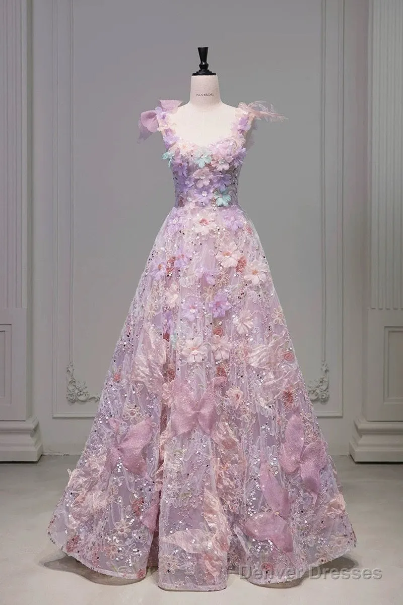 Pretty A Line Spaghetti Straps Pink Floral Long Length Evening Dress Prom Dresses