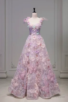 Pretty A Line Spaghetti Straps Pink Floral Long Length Evening Dress Prom Dresses