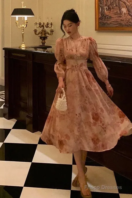 Sexy A Line V Neckline Long Sleeves Pink Floral Prom Dresses Birthday Outfits Evening Gown