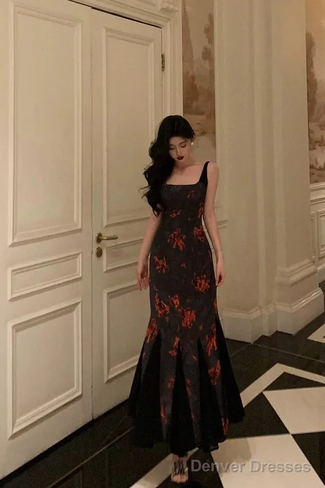 Sexy Mermaid Spaghetti Straps Floral Black Prom Dresses Birthday Outfits