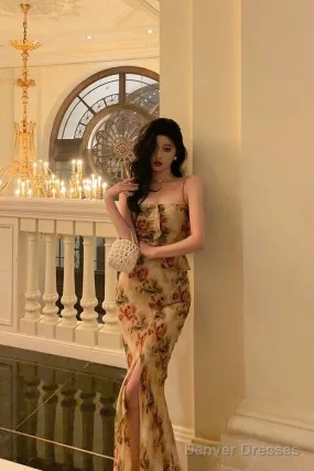 Sexy Mermaid Spaghetti Straps Floral Slit Long Prom Dresses Birthday Outfit