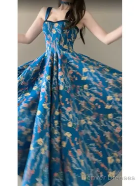 Vintage A Line Spaghetti Straps Royal Blue Floral Long Birthday Dresses Prom Dress Birthday Outfits
