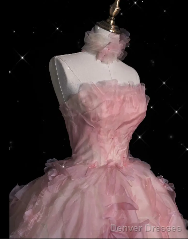 Vintage Fashion Ball Gown Strapless Pink Floral Floor Length Evening Dress Prom Dresses