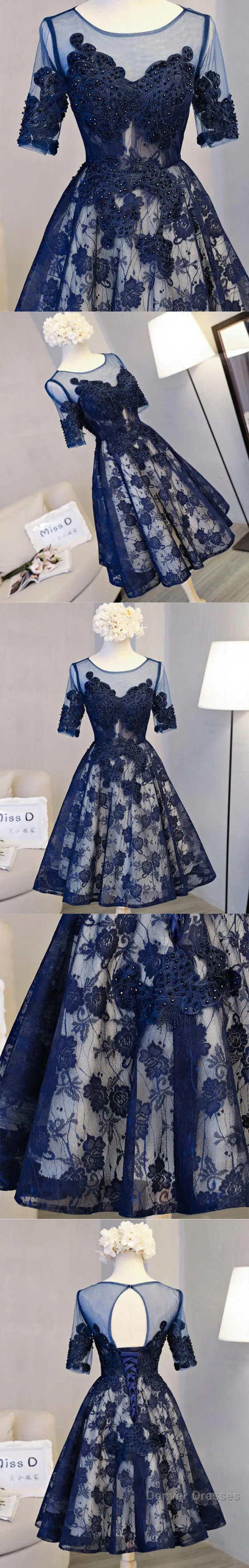 Vintage Half Sleeve Appliques Floral Prints Clairvoyant Outfit Lace Lace Up Back Tea-Length Homecoming Dress