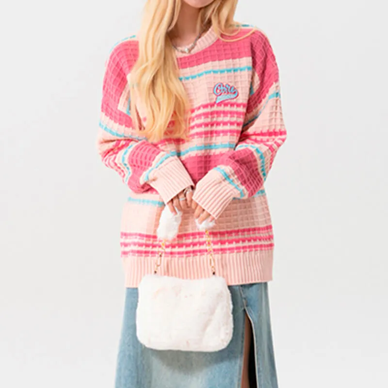 Waffle Pink Core Aesthetic Lazy Sweater