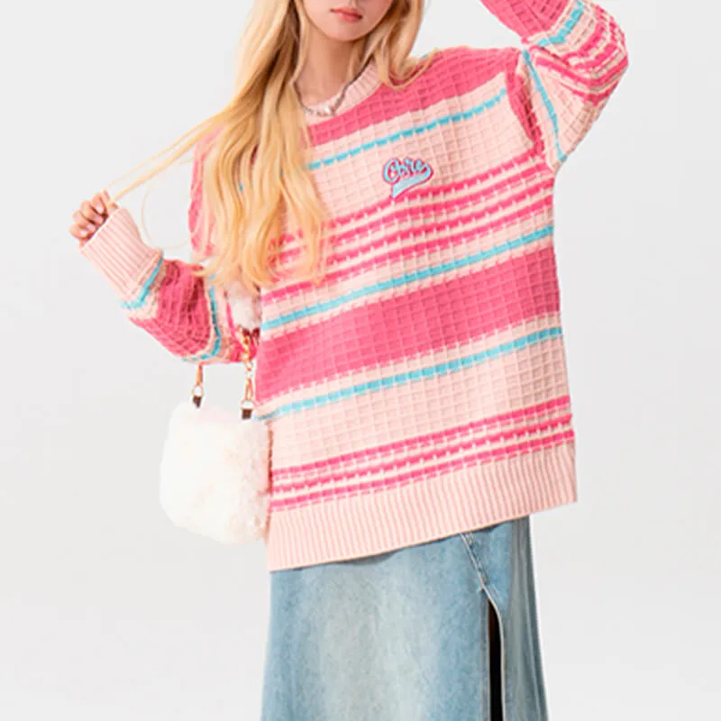 Waffle Pink Core Aesthetic Lazy Sweater